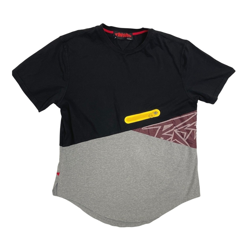Y2K‎ Streetwear Mens XL Colorblock T-Shirt Black Grey Yellow Zip Skater Retro